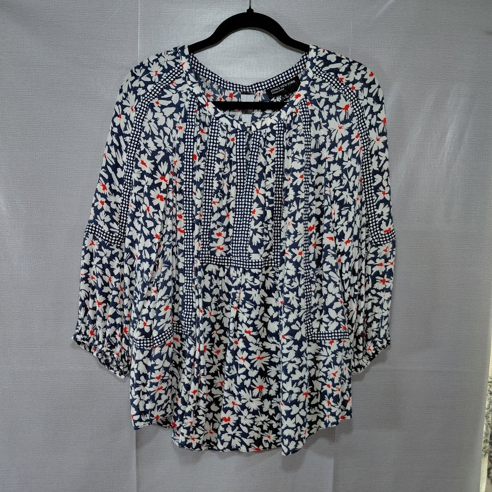 Jones New York Floral Peasant Blouse Women's Med Red White Blue Balloon Sleeves